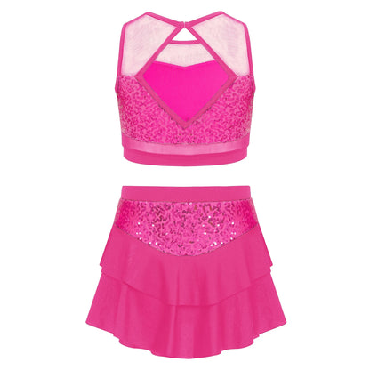 Girls Sequin Sheer Mesh Crop Top & Tiered Skirt Set (Age 6-16YRS)