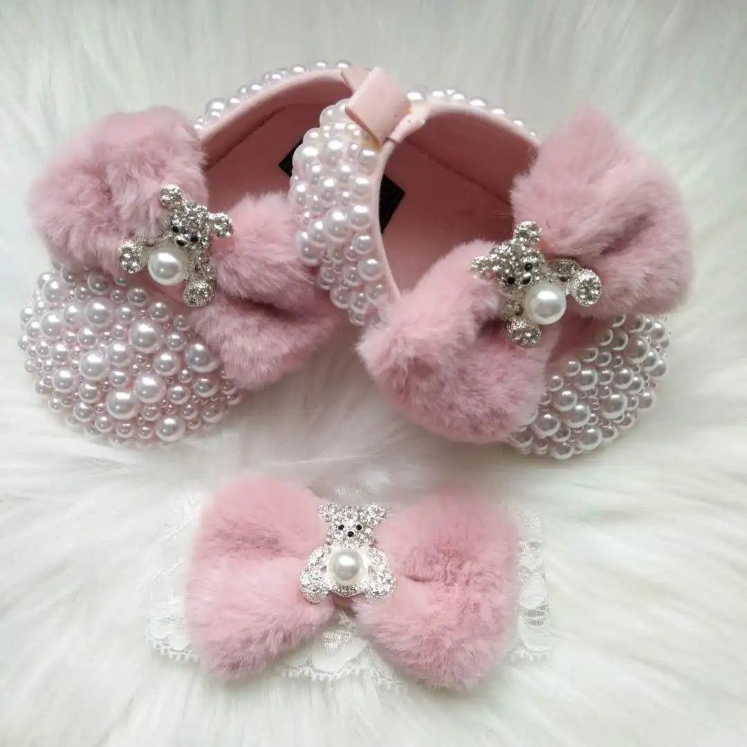 Baby Girls Pink Pearl Rhinestone Embellished Shoes (Age Newborn