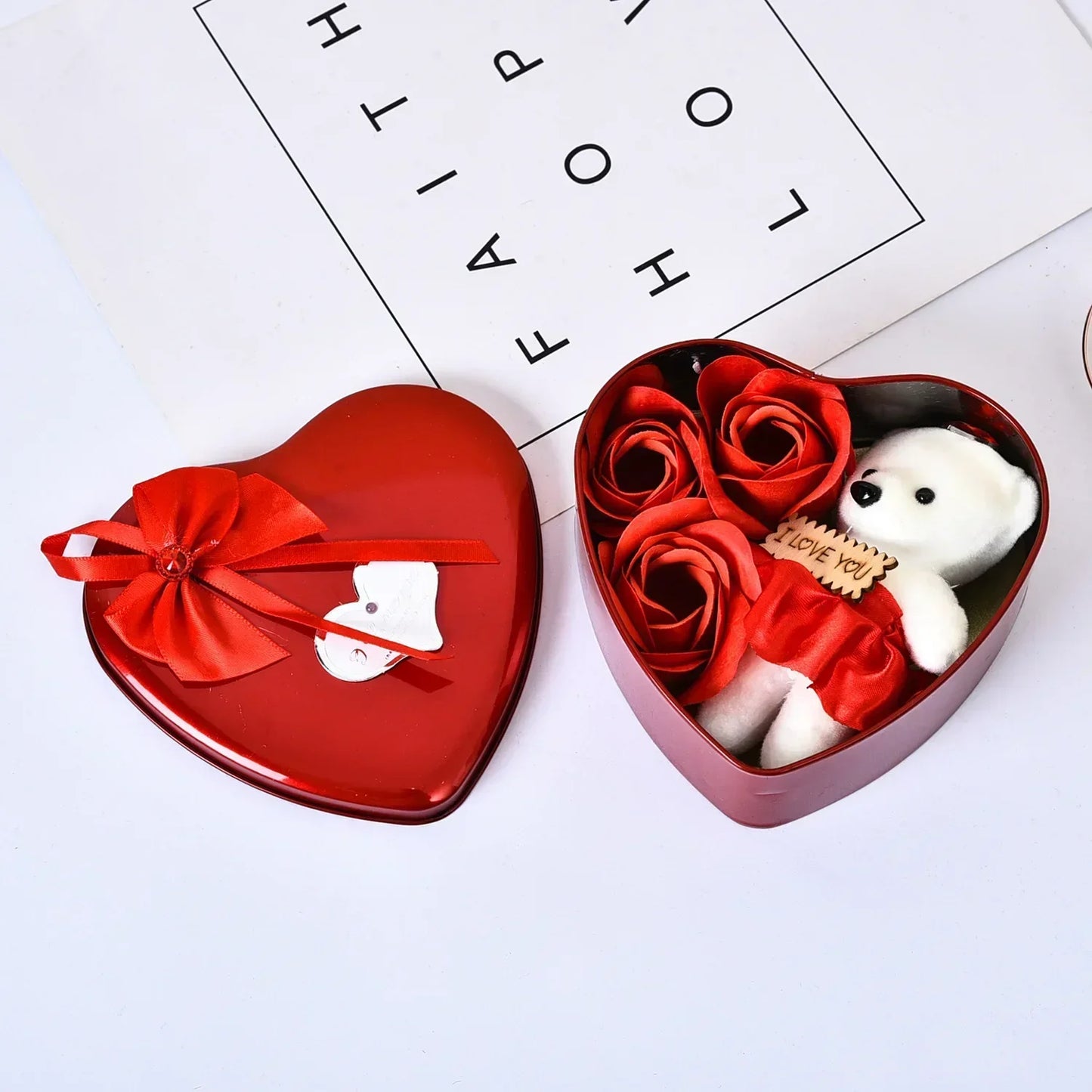 Heart Shaped Soap Flower Teddy Bear Gift Box Red