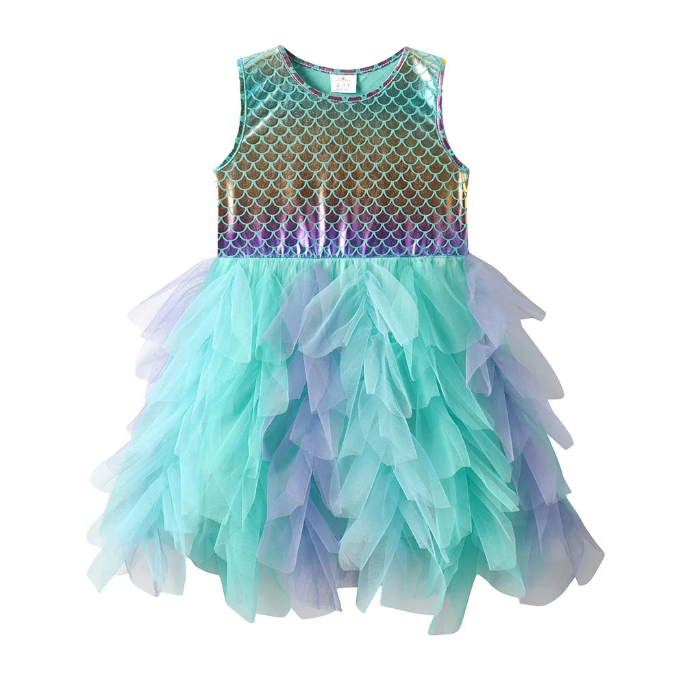 Girls Mermaid Ruffle Layered Dress (Age 3-12YRS) Green