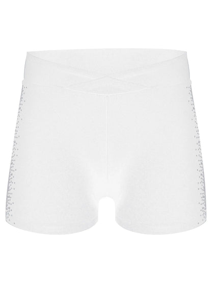 Girls Rhinestones Dance Shorts (Age 4-16 YRS) White A
