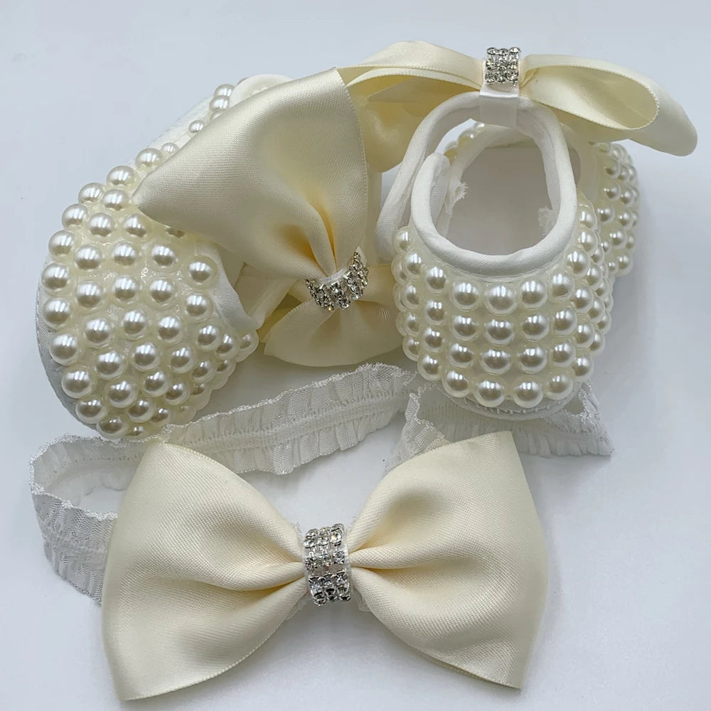 Baby Girls Pearl Embellished Shoes & Headband (Age Newborn - 6M) Gold 0-6M (10-11cm)
