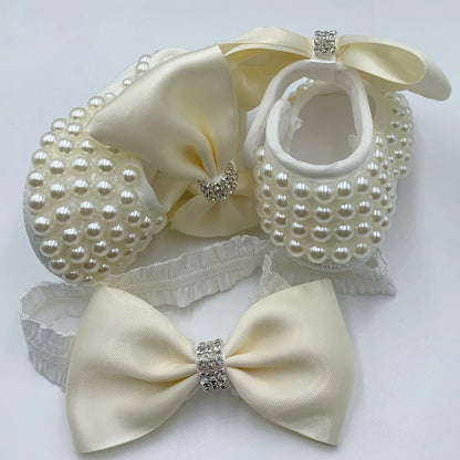Baby Girls Pearl Embellished Shoes & Headband (Age Newborn - 6M) Gold 0-6M (10-11cm)