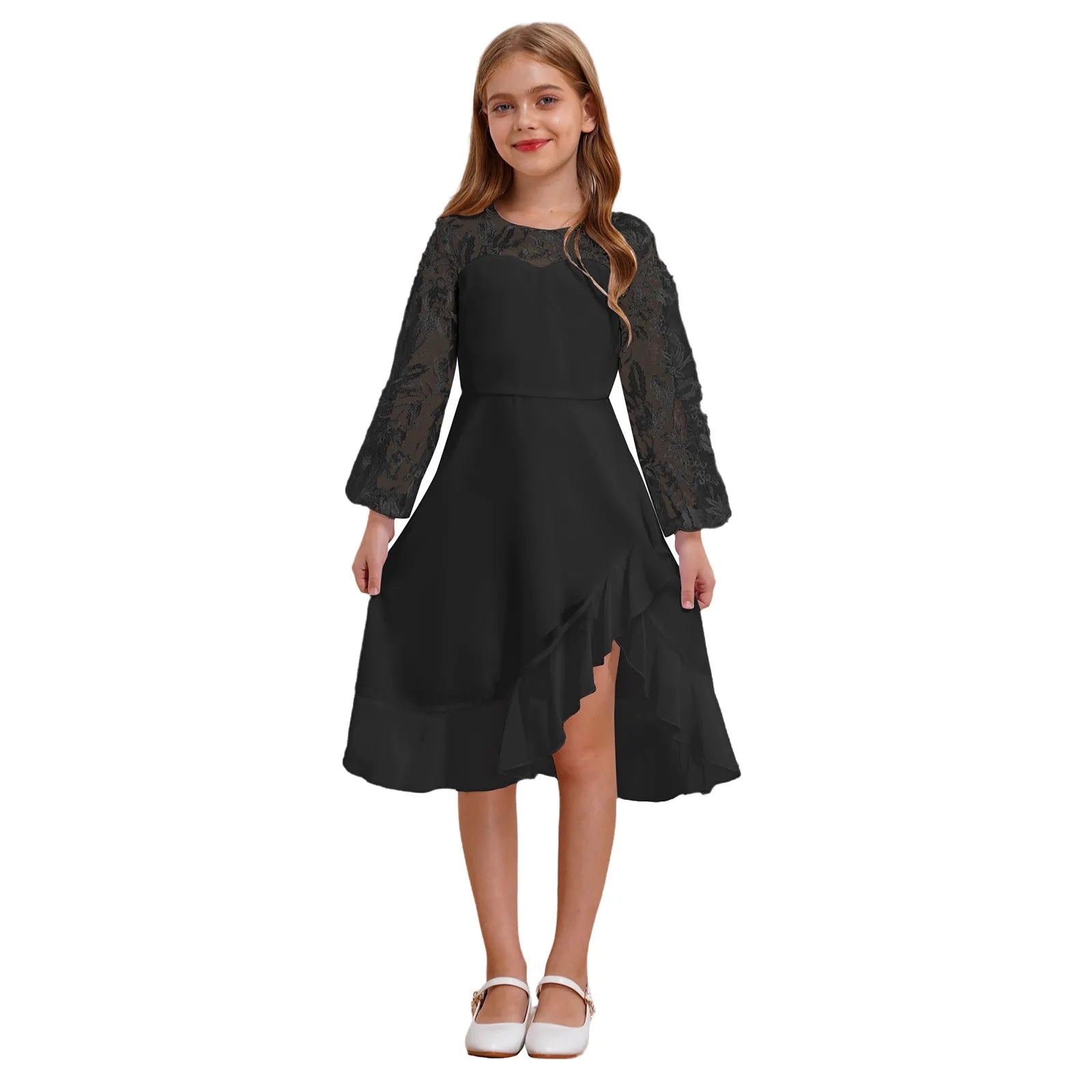 Girls Chiffon Long Sleeve High Waist Mesh Embroidery Dress (Age 8-16 YRS)