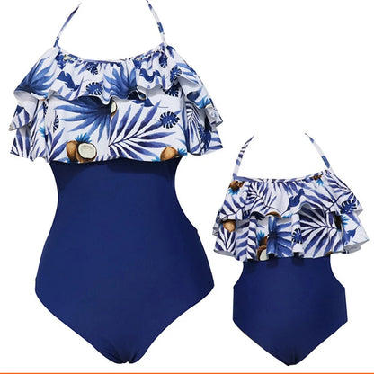Family Matching Look Mom Girls Kids Ruffles Swimsuit Family Beach Wear Mother and Daughter Swimwear Coconut Tree Women Swimsuit Blue