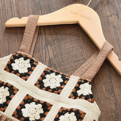 Girls Brown Retro Printed Plaid Camisole Top & Beige Trousers (Age 3-7YRS)