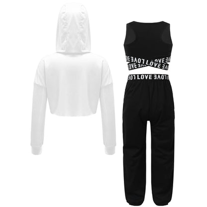 Girls Hip Hop Long Sleeve Drawstring Hooded Tops with Crop Top Pants Tracksuit (Age 6-14YRS)