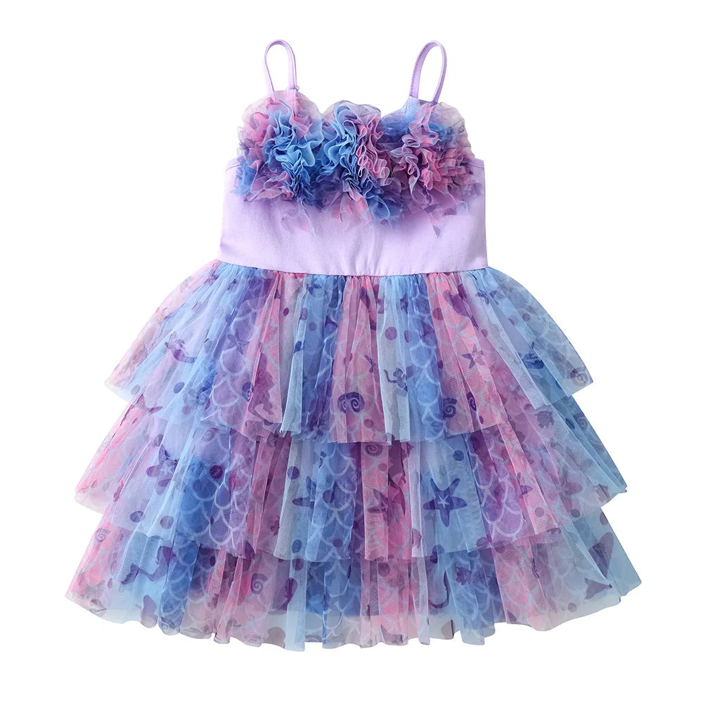 Girls Sea Print Ruffle Layered Dress (Age 3-8YRS) Purple