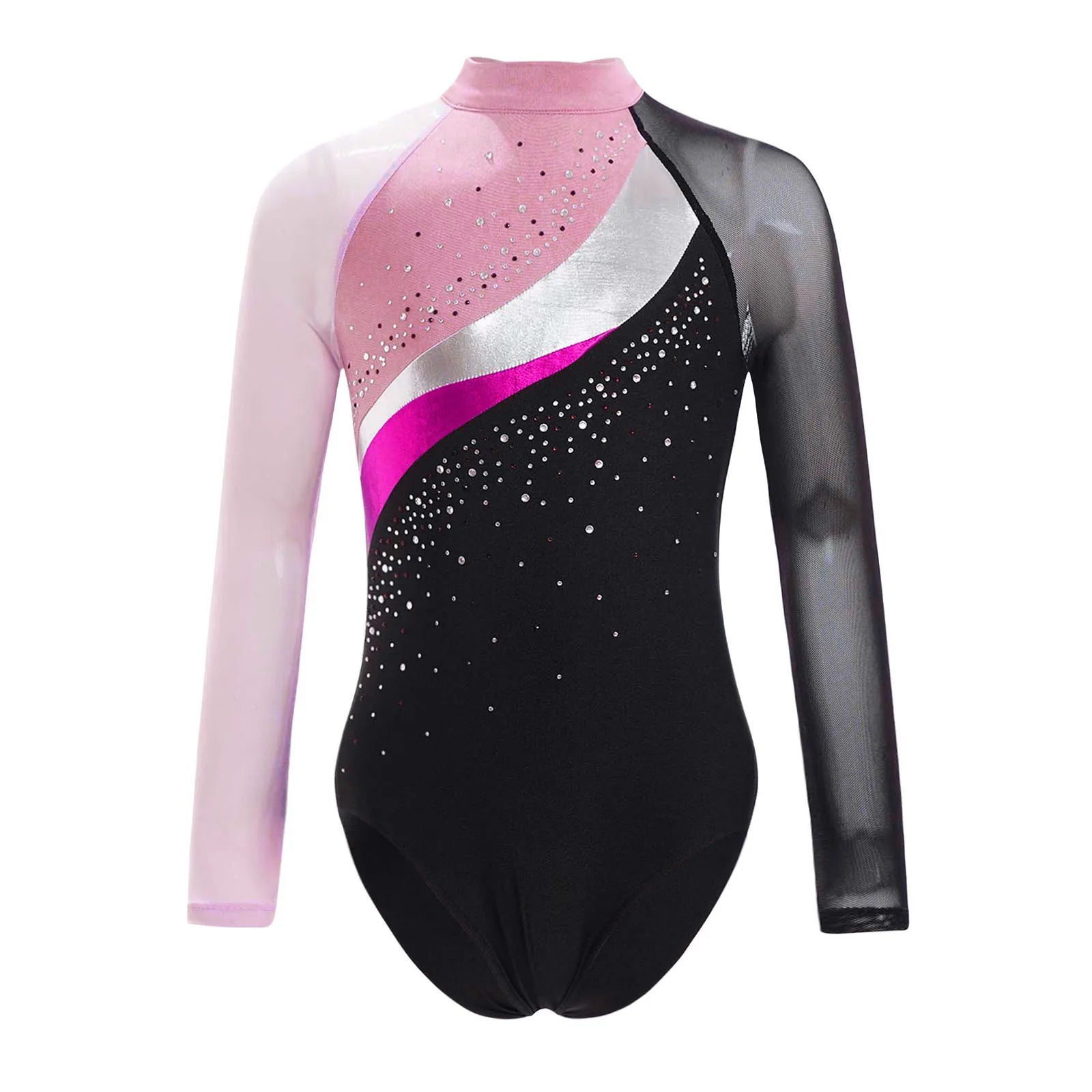 Girls Ballet Dance Leotard Gymnastics Rhinestones Sheer Mesh Long Sleeve (Age 4-16 YRS)