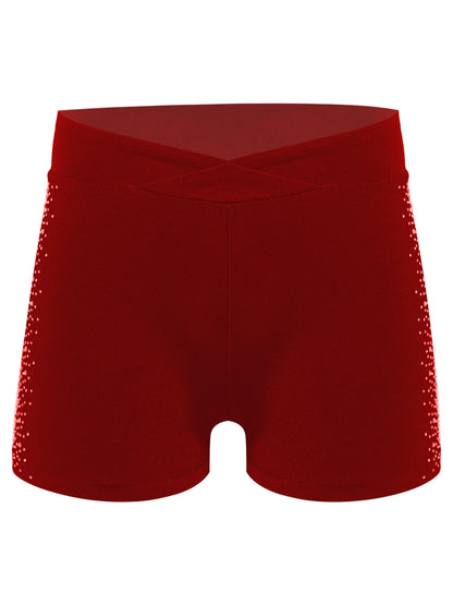 Girls Rhinestones Dance Shorts (Age 4-16 YRS) Burgundy A