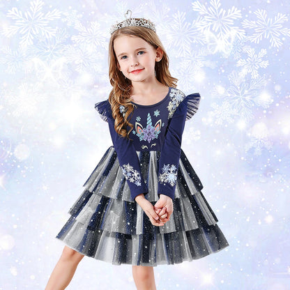 Girls Navy Unicorn Snowflake Tulle Dress (Age 3-8YRS) Navy