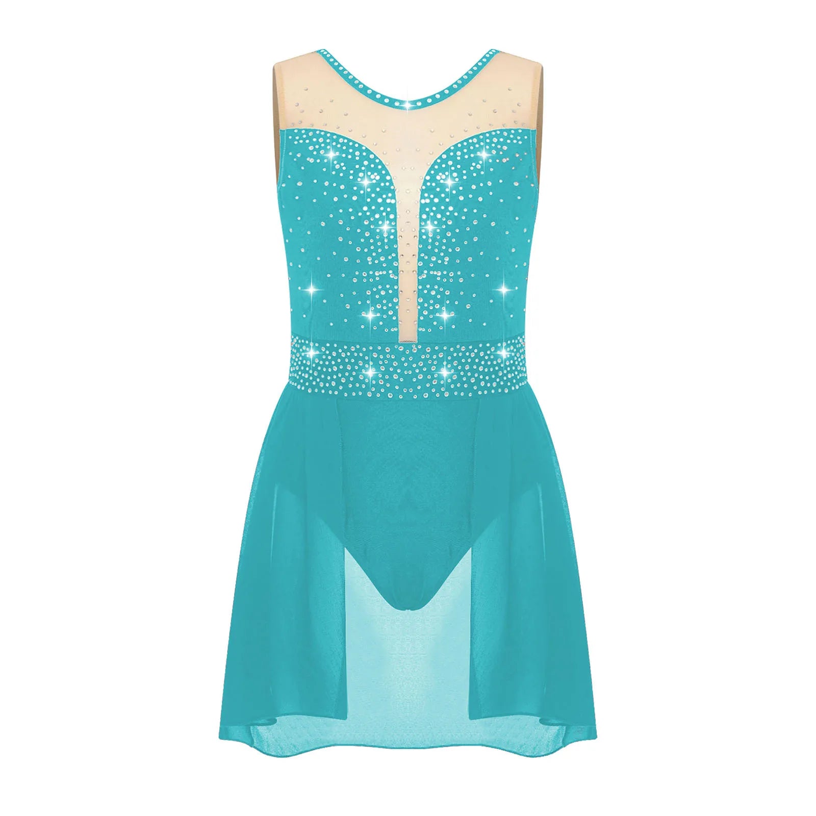 Rhinestone Gymnastics Figure Skating Dress for Teen Girls Sleeveless Sheer Mesh Tutu Ballet Leotard Lyrical Performance Costume