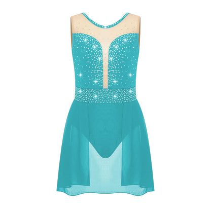 Rhinestone Gymnastics Figure Skating Dress for Teen Girls Sleeveless Sheer Mesh Tutu Ballet Leotard Lyrical Performance Costume