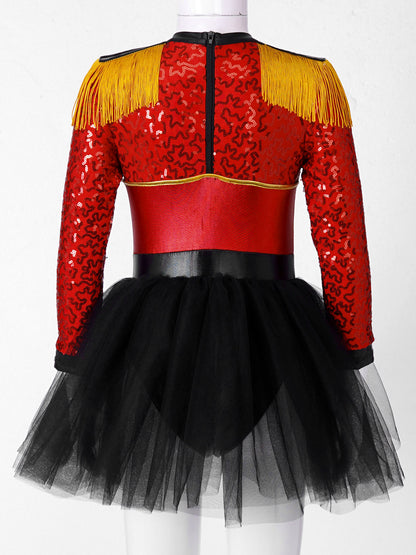 Girls Circus Ringmaster Magician Sequin Leotard Tutu Dress Costume (Age 6-16 YRS)