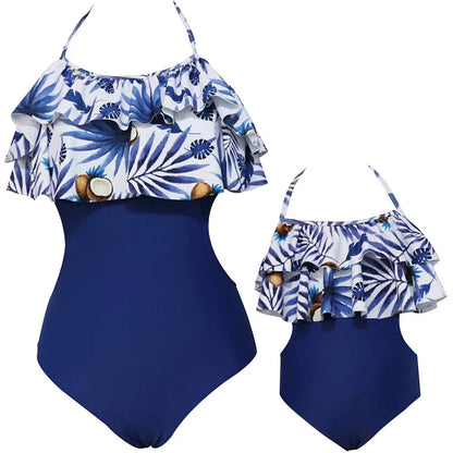 Family Matching Look Mom Girls Kids Ruffles Swimsuit Family Beach Wear Mother and Daughter Swimwear Coconut Tree Women Swimsuit