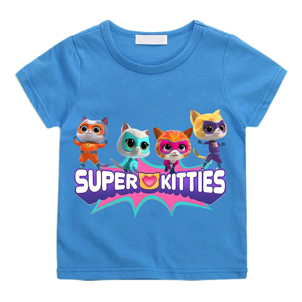 SuperKitties Cartoon Printed Summer Top – 100% Pure Cotton T-Shirt | Short Sleeves | Ages 2–12 Blue