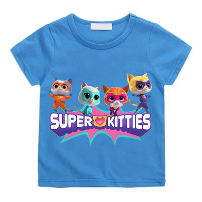 SuperKitties Cartoon Printed Summer Top – 100% Pure Cotton T-Shirt | Short Sleeves | Ages 2–12 Blue