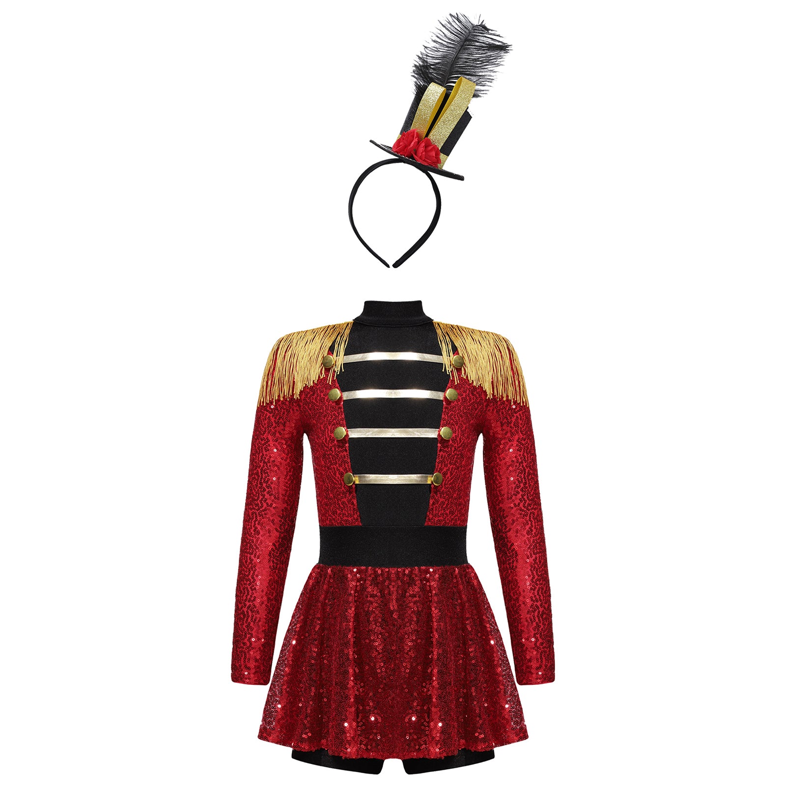 Girls Halloween Circus Ringmaster Costume Long Sleeve Sequin Leotard Dress (Age 6-14YRS)