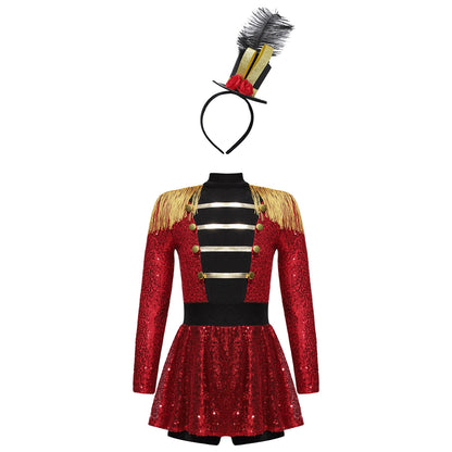 Girls Halloween Circus Ringmaster Costume Long Sleeve Sequin Leotard Dress (Age 6-14YRS) Red B