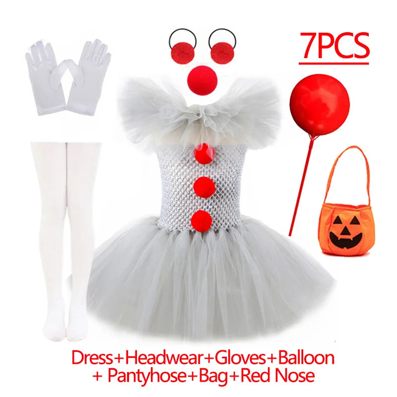 Girls Gray Joker Tutu Costume – Handmade Mesh Dress for Halloween & Cosplay | Ages 2–12Y 7PCS Gray Joker