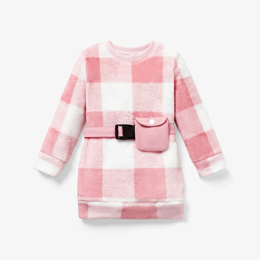 Girls Waist Bag Houndstooth Long Sleeve Dress Set (Age 24M-6YRS)