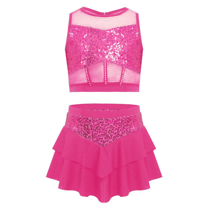 Girls Sequin Sheer Mesh Crop Top & Tiered Skirt Set (Age 6-16YRS)