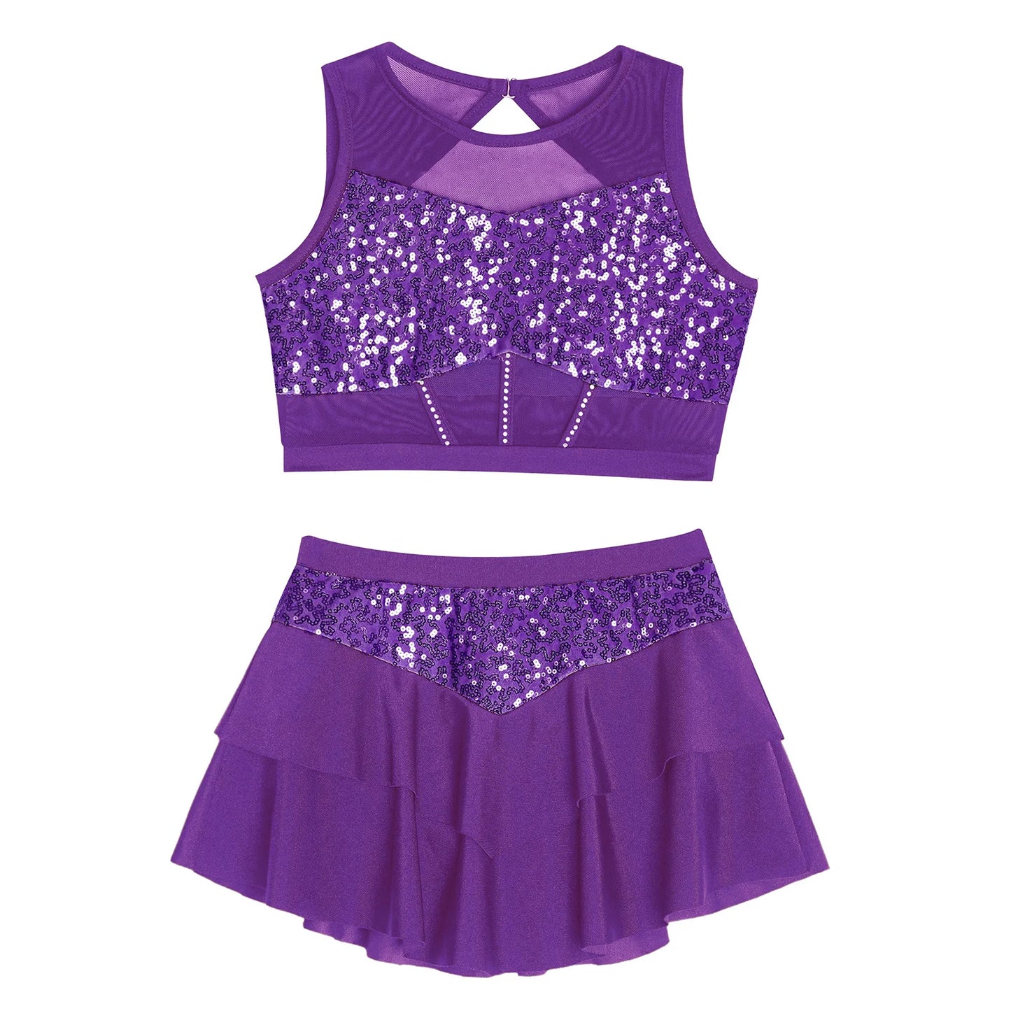 Girls Sequin Sheer Mesh Crop Top & Tiered Skirt Set (Age 6-16YRS)