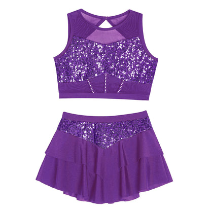 Girls Sequin Sheer Mesh Crop Top & Tiered Skirt Set (Age 6-16YRS)