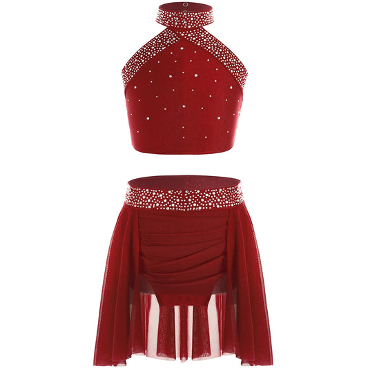 Girls Rhinestones Dance Outfit Tops & Skirt Set (Age 6-16 YRS)