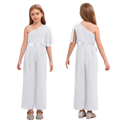Girls One Shoulder PearlSequin Ruffled Wide Leg Jumpsuit (Age 6-14YRS) White