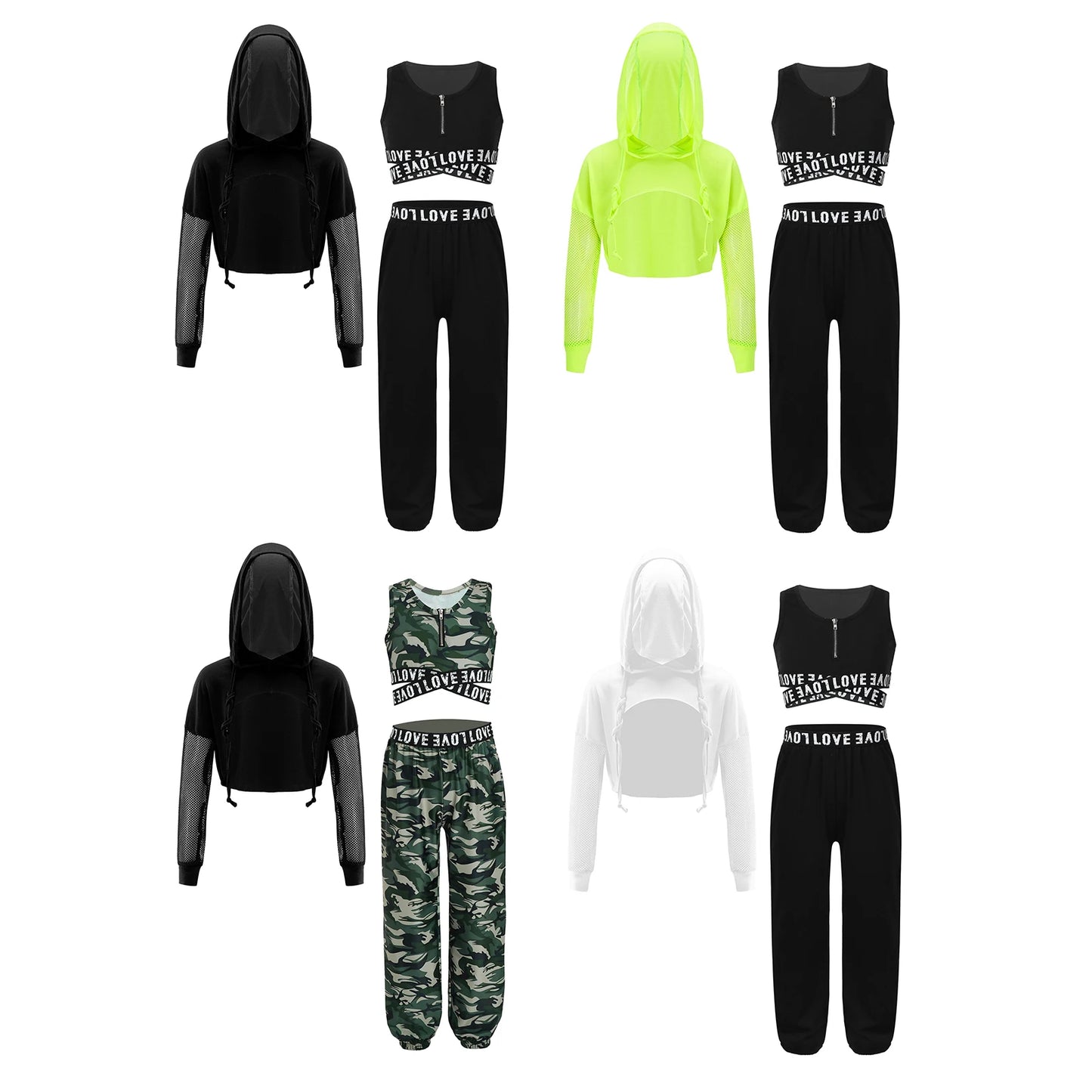 Girls Hip Hop Long Sleeve Drawstring Hooded Tops with Crop Top Pants Tracksuit (Age 6-14YRS)