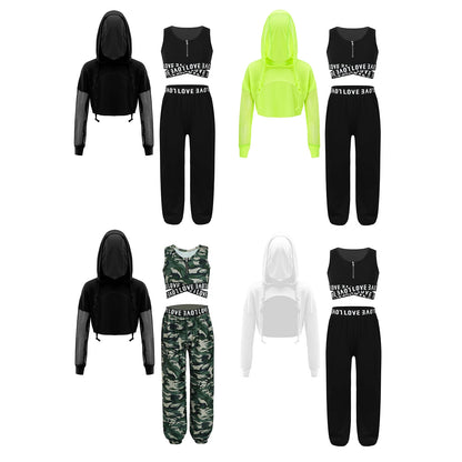 Girls Hip Hop Long Sleeve Drawstring Hooded Tops with Crop Top Pants Tracksuit (Age 6-14YRS)