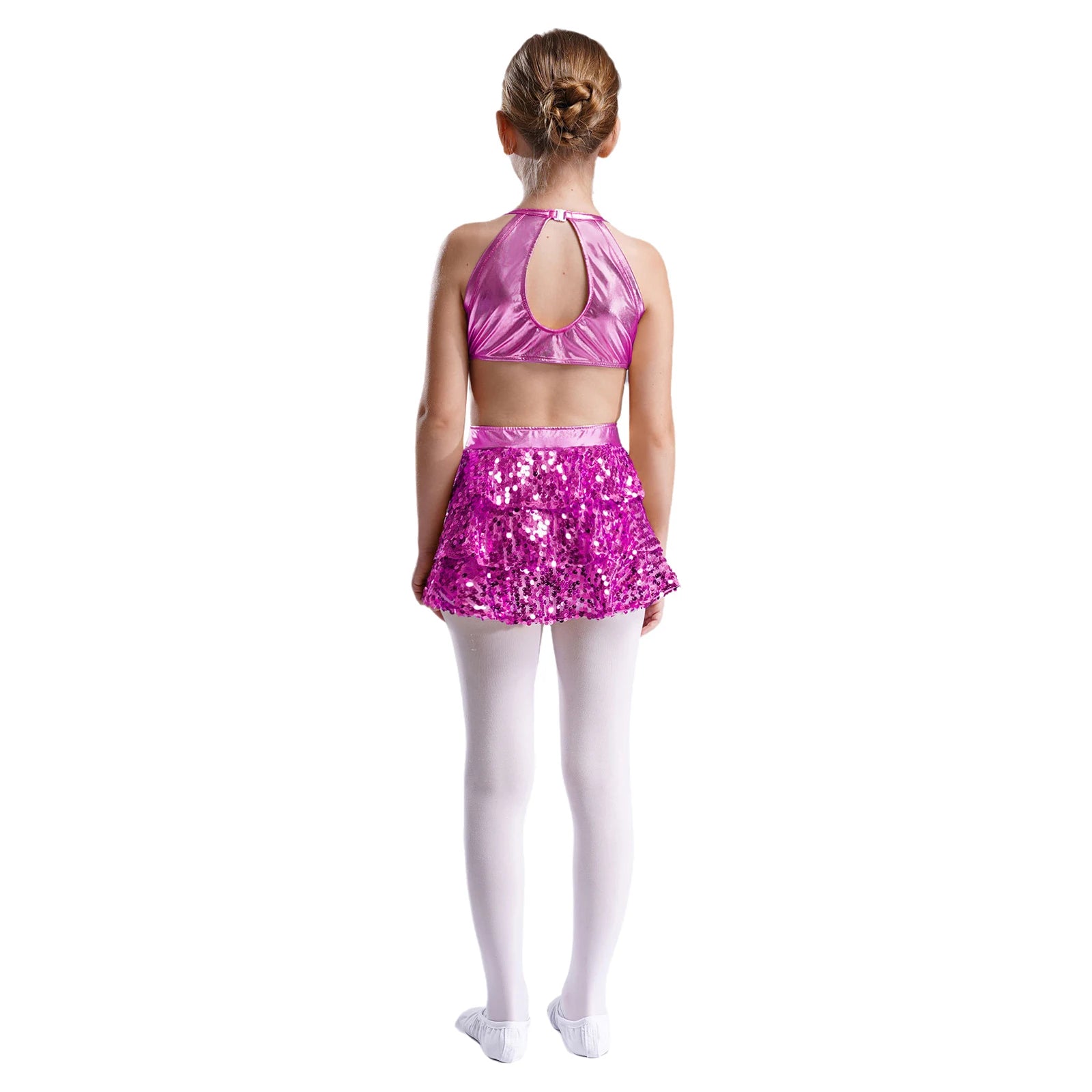 Girls Sequin Dance Sleeveless Cutout Tiered Ruffle Metallic Leotard Dress (Age 6-16 YRS)