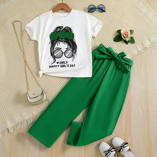 Girls Cartoon Print T-Shirt & Wide Leg Pants Set (Age 7-12YRS)
