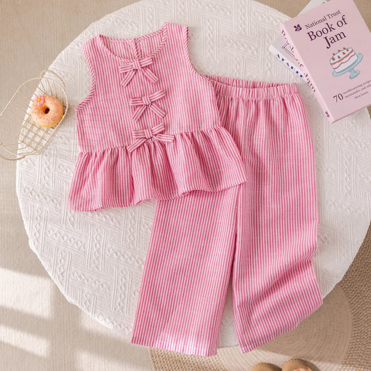 Girls' Pink Stripe Bow Sleeveless Vest Top & Trousers Set (Age 3-7 YRS)