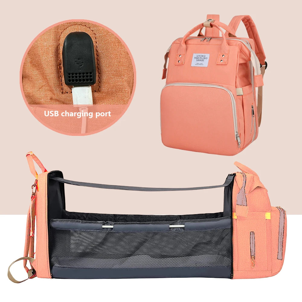 Multi-Functional Baby Diaper Bag Travel Crib Pink