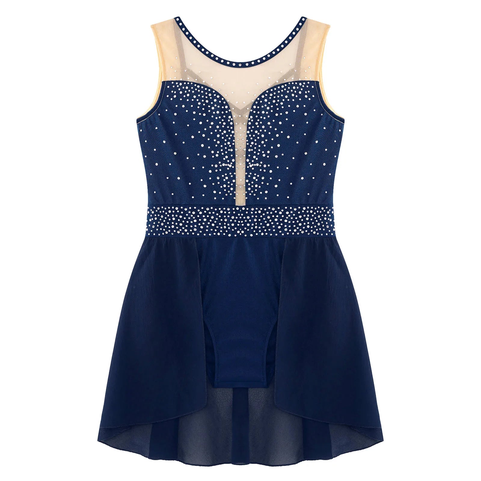 Rhinestone Gymnastics Figure Skating Dress for Teen Girls Sleeveless Sheer Mesh Tutu Ballet Leotard Lyrical Performance Costume