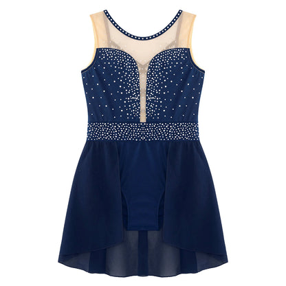 Rhinestone Gymnastics Figure Skating Dress for Teen Girls Sleeveless Sheer Mesh Tutu Ballet Leotard Lyrical Performance Costume