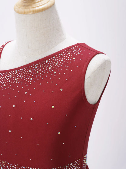 Girls Dance Costume Ballet Rhinestones Sleeveless Sheer Mesh Leotard Dress (Age 6-16 YRS)