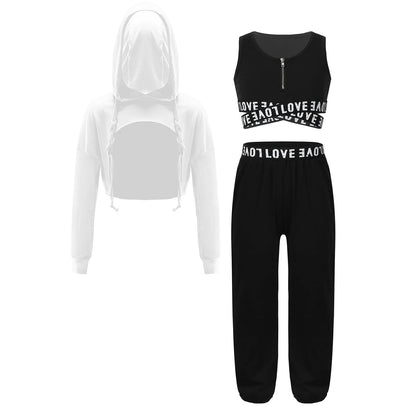 Girls Hip Hop Long Sleeve Drawstring Hooded Tops with Crop Top Pants Tracksuit (Age 6-14YRS)