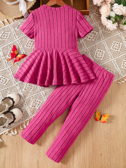 Girls' two-piece set, short sleeved pants set, solid color bow accessory skirt, two-piece set of top and pants, girls' set