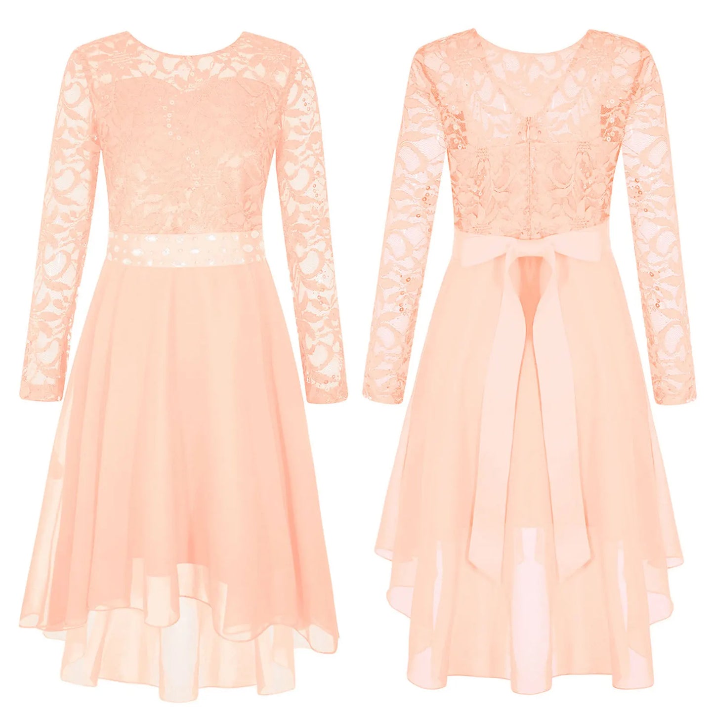 Girls Lace Chiffon Long Sleeve High-Rhinestone Sash Dress (Age 6-16 YRS) Nude