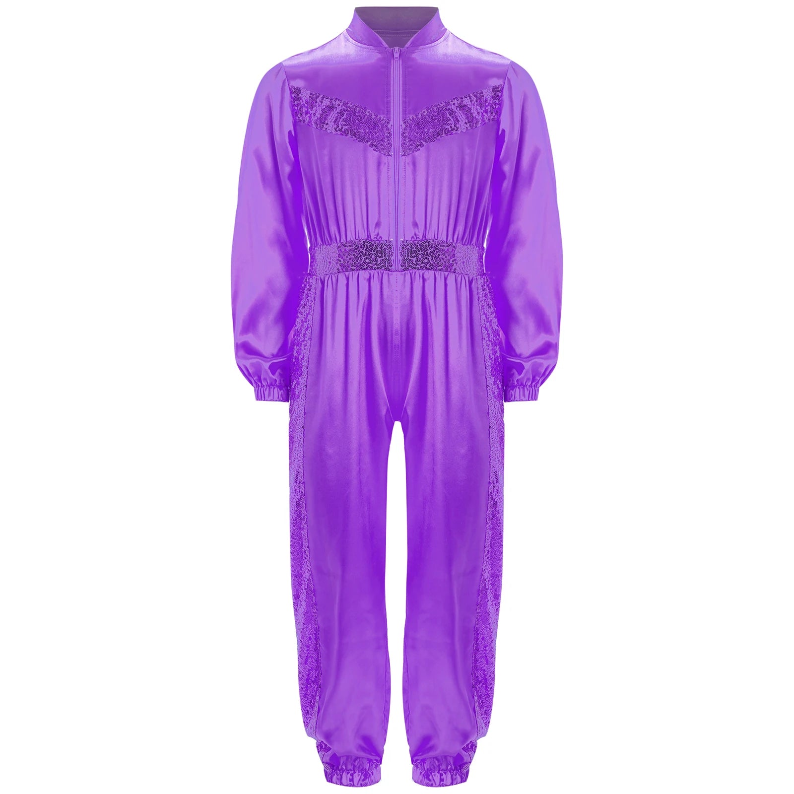 Girls Sequin Satin m Long Sleeve Zipper Jumpsuit (Age 6-16 YRS)