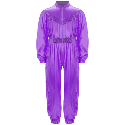Girls Sequin Satin m Long Sleeve Zipper Jumpsuit (Age 6-16 YRS)