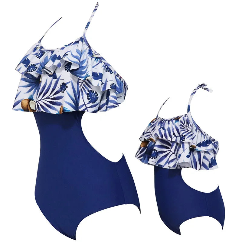 Family Matching Look Mom Girls Kids Ruffles Swimsuit Family Beach Wear Mother and Daughter Swimwear Coconut Tree Women Swimsuit