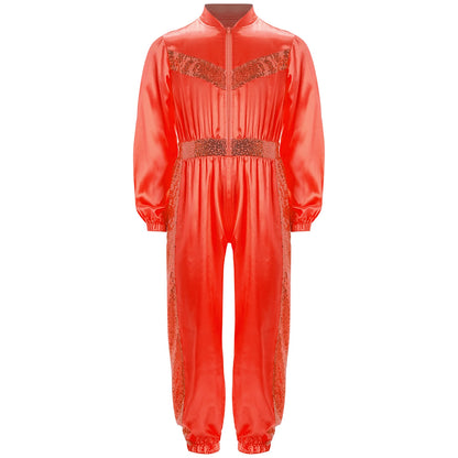 Girls Sequin Satin m Long Sleeve Zipper Jumpsuit (Age 6-16 YRS)