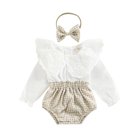 Baby Girls Plaid Romper & Headband (Age 6-18M) White