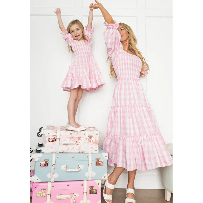 Mother & Daughter Pink Checked Matching Dress (Mommy & Me)