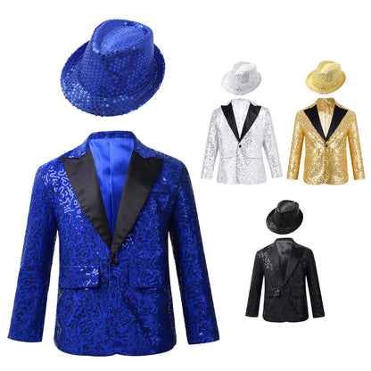 Boys Sequin Dance Tuxedo Jacket Suit & Fedora Hat (Age 6-16 YRS)