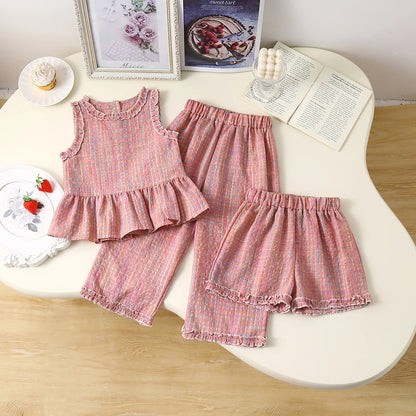 Girls Plaid Print Sleeveless Top & Wide Leg Pants & Shorts Set (Age 3-7 YRS)